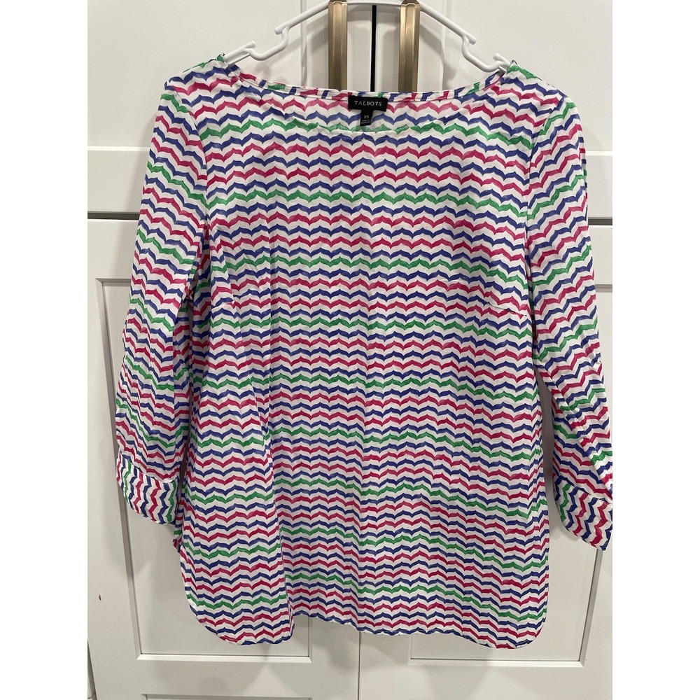 Talbots Top Women's‎ XS Chevron Striped Cotton Blouse Tie Sleeve SI51